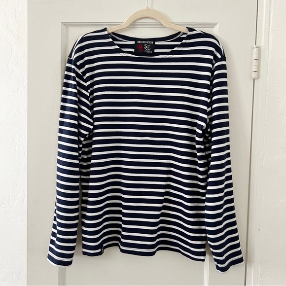 Breizh Ocean women’s XL cotton blue white stripe sailor long sleeve shirt tee - Picture 2 of 10